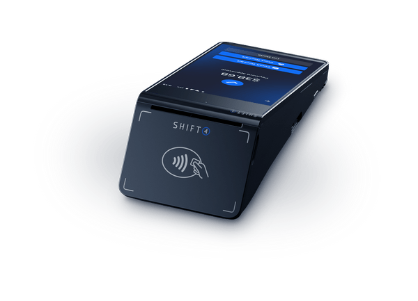 SkyTab Mobile POS terminal angled top view – blue screen interface SkyTab Mobile POS terminal angled top view – blue screen interface