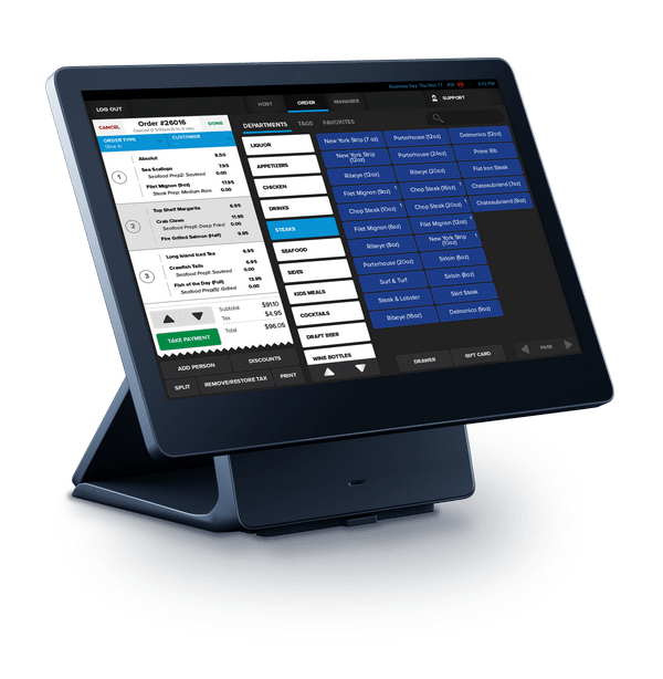 Shift4 Dine terminal with touchscreen interface for restaurants - side view Shift4 Dine terminal with touchscreen interface for restaurants - side view