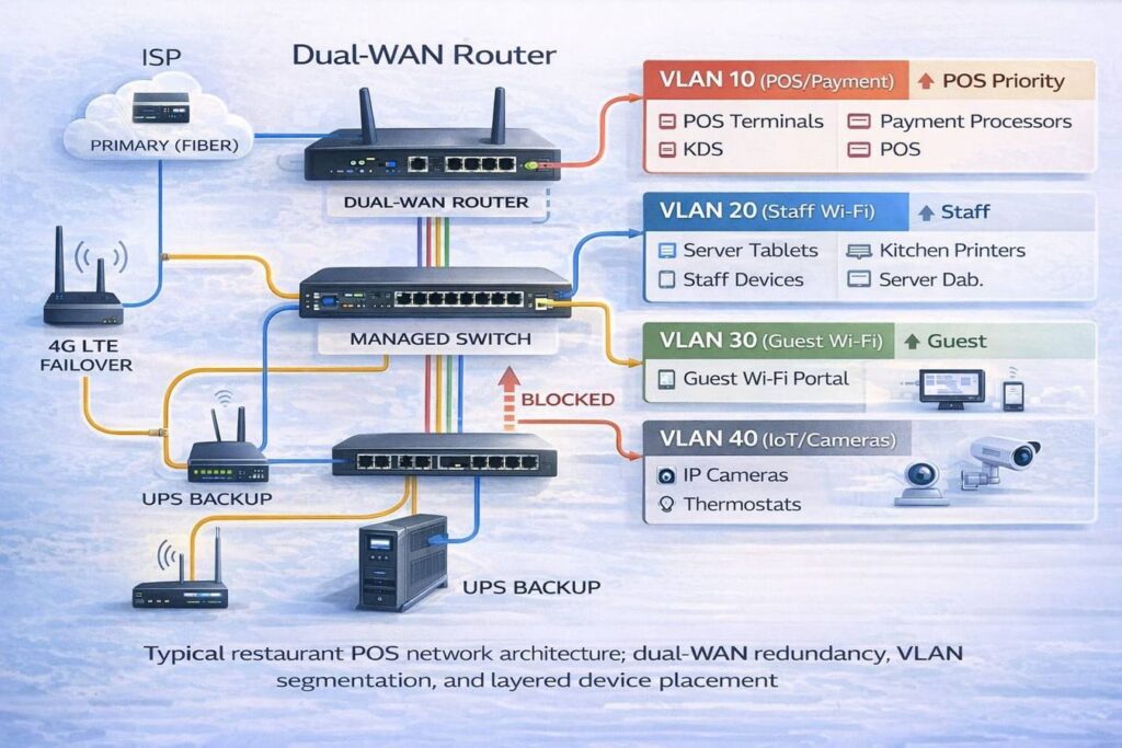 Diagram of restaurant POS network architecture showing dual-WAN router, managed switch with VLAN segmentation, connected POS and guest devices, and UPS/LTE redundancy