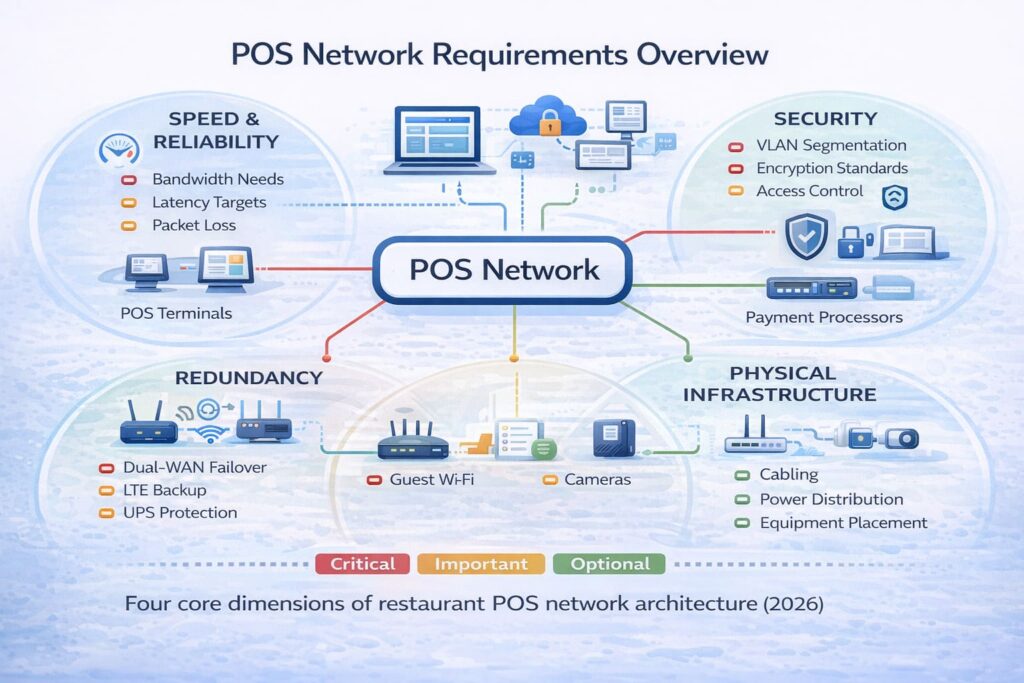 Visual map showing four core dimensions of POS network requirements: speed/reliability, security, redundancy, and physical infrastructure for restaurant operations