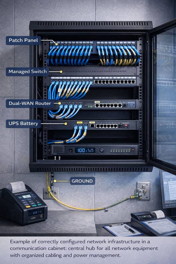 Properly organized communication cabinet with labeled patch panel, managed switch, router, and UPS, with cable management and grounding visible
