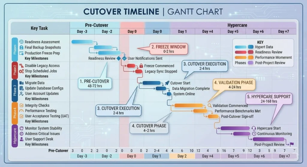 Gantt-style cutover plan showing pre-cutover, freeze, cutover, validation, and hypercare phases with critical checkpoints.