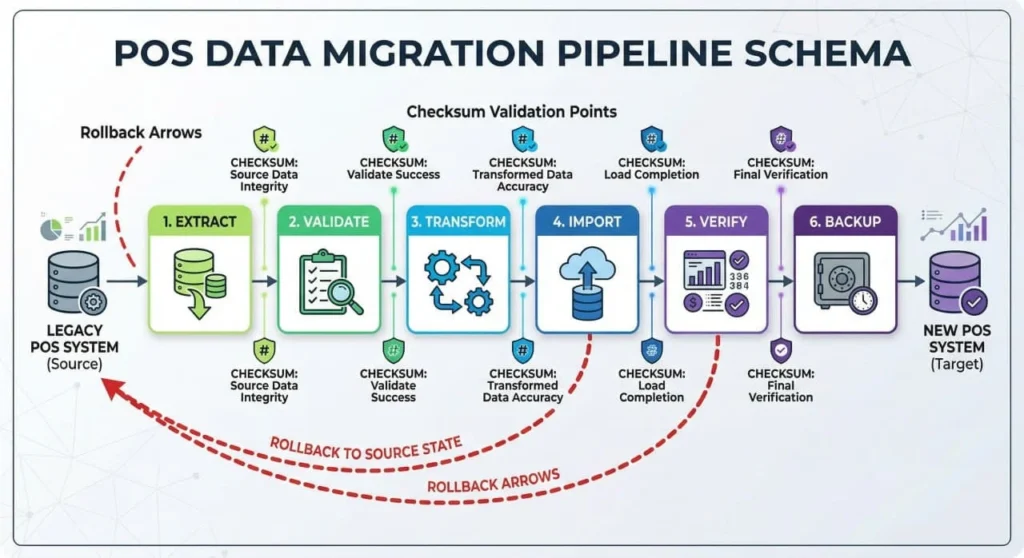 Diagram of the restaurant POS data migration pipeline showing extract, validate, transform, import, verify, and backup steps with data quality checkpoints.