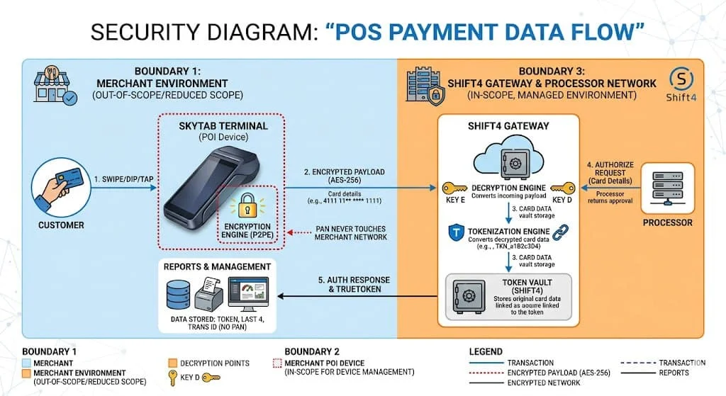 Architecture diagram showing PCI-compliant payment data flow from customer card entry through SkyTab terminal, tokenization, and processor settlement.