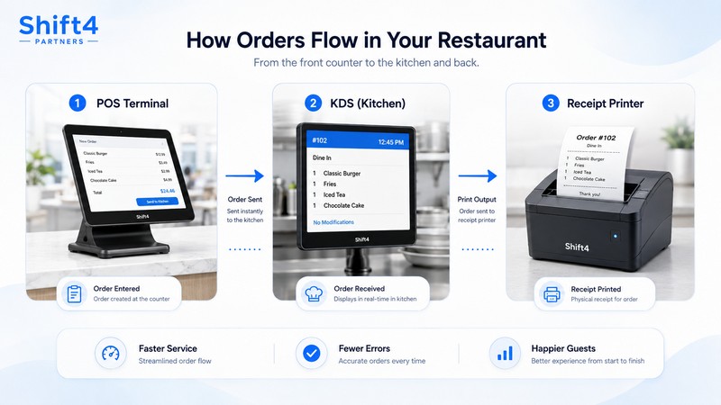 POS to KDS to receipt printer data flow POS to KDS to receipt printer data flow