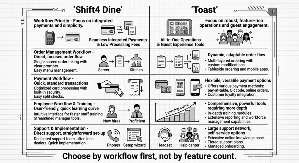 Side-by-side buyer decision map for Shift4 Dine vs Toast by restaurant priorities
