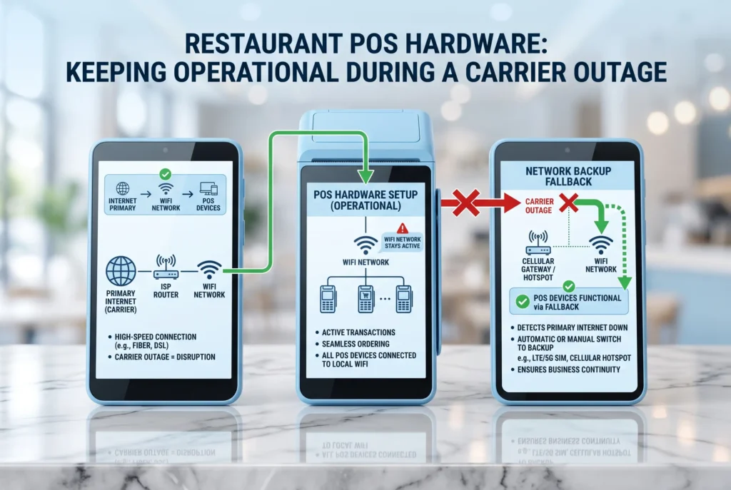 A product infographic displaying three handheld electronic devices that demonstrate a restaurant POS hardware setup staying operational via network backup fallback during a carrier outage.