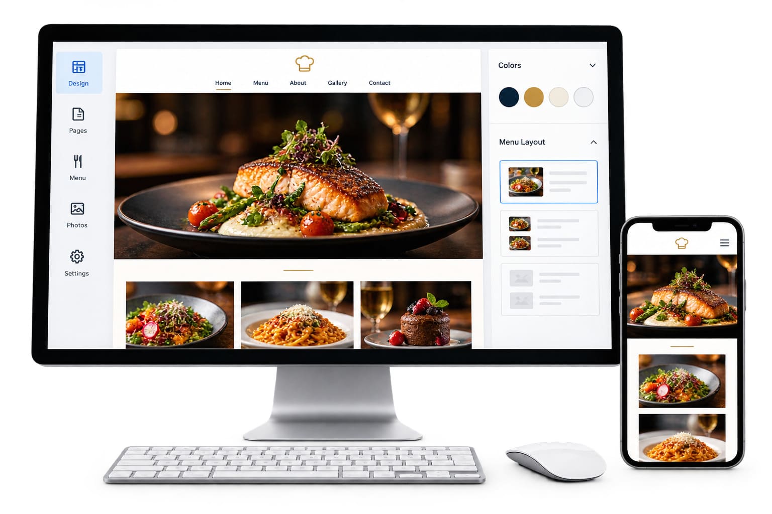 Mobile restaurant website with online ordering, table reservations, gift cards, and contact options