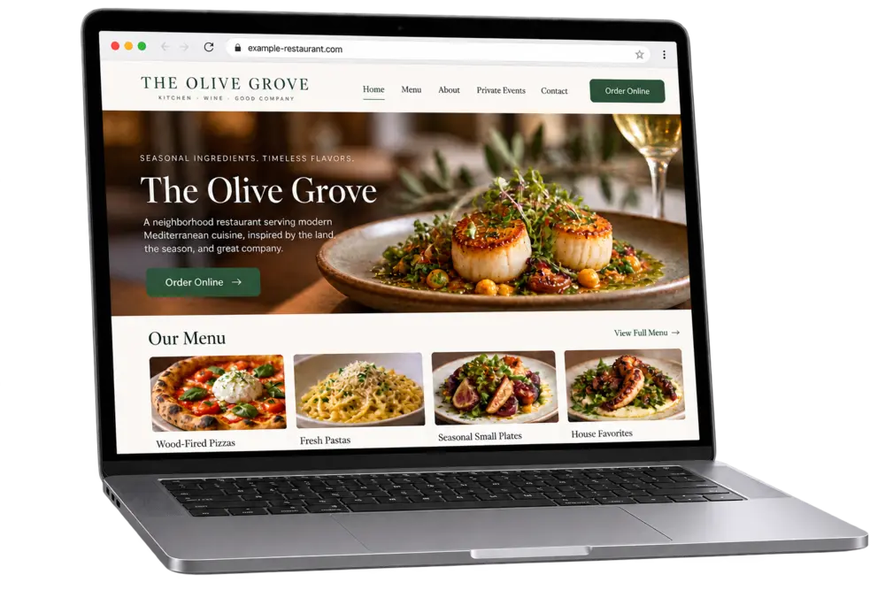 Restaurant website displayed on a custom domain with an SSL-secured browser connection