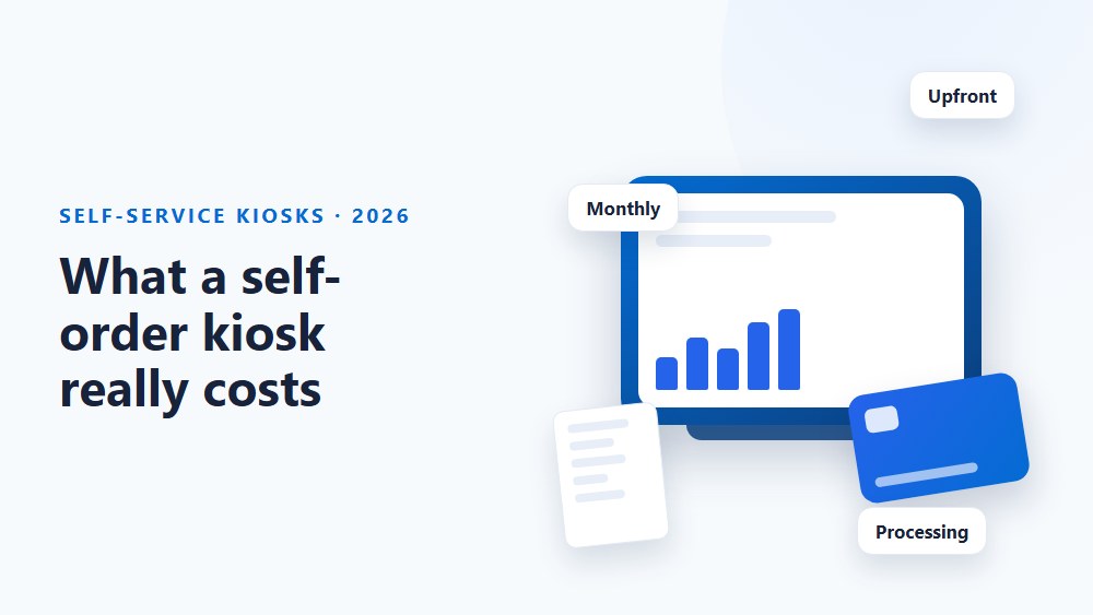 Restaurant self-order kiosk with pricing and monthly fee breakdown