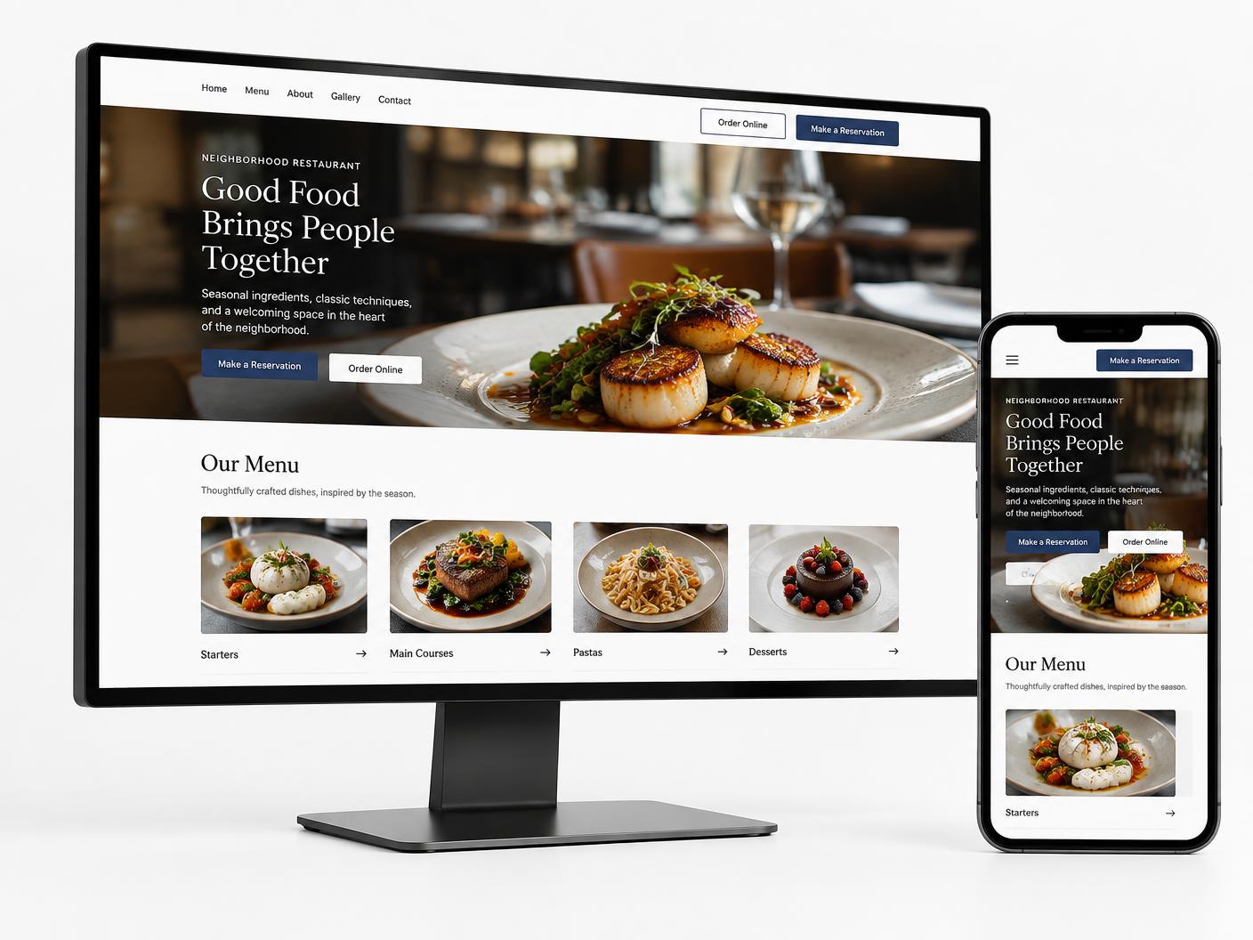Restaurant website displayed on desktop and mobile screens with menu, online ordering, and reservation actions