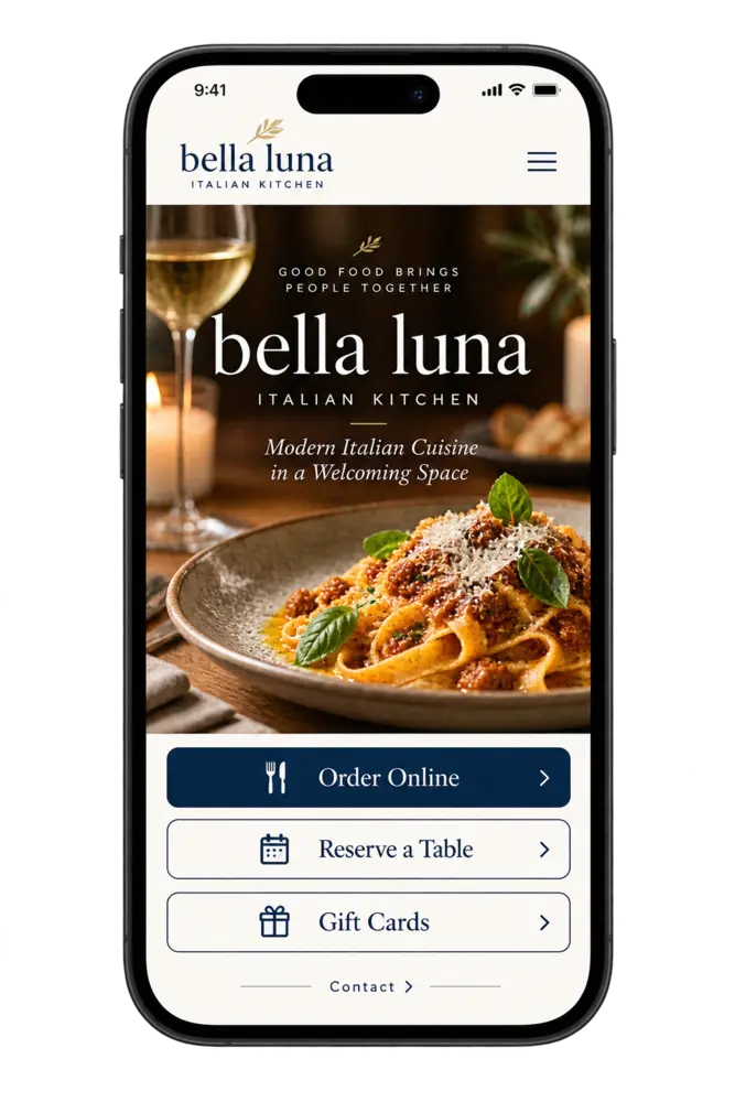 Restaurant website with online ordering, table reservations, gift cards, and contact options